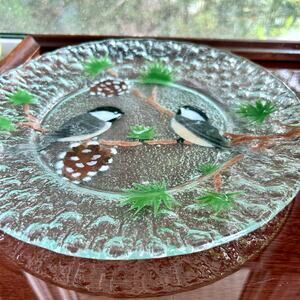 Vintage Signed Pressed Glass Plate with Hand-Painted Chickadees and Pinecones